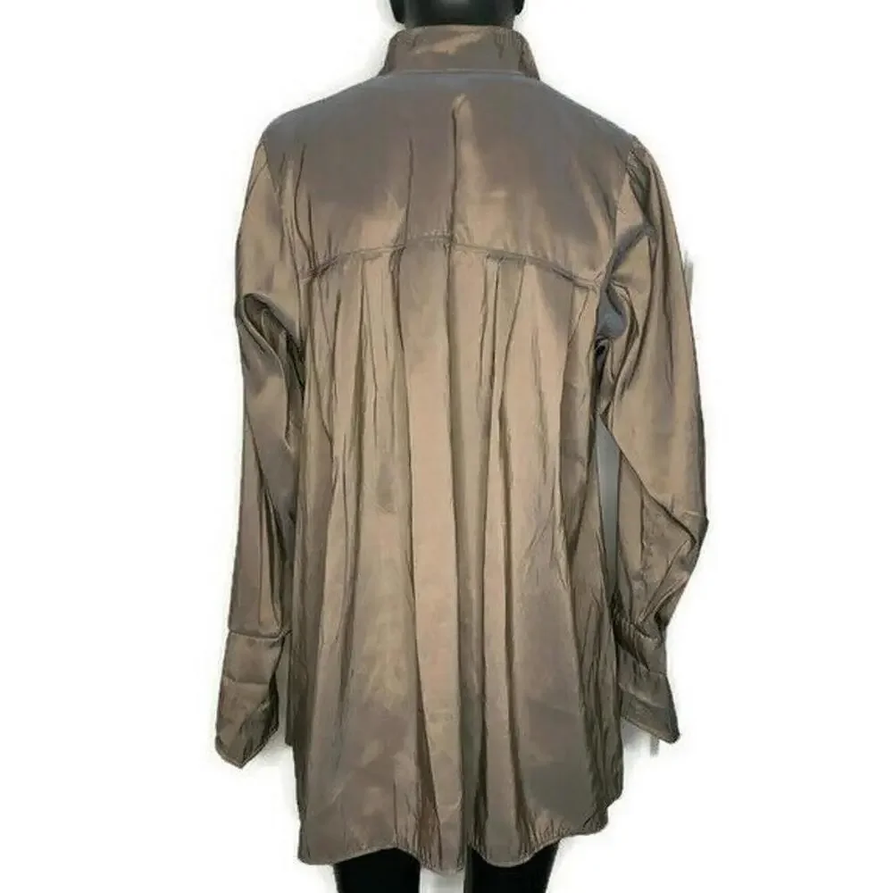 Lagenlook Iridescent Button Up Nylon Coat Shirt Shacket Bronze - Picture 3 of 6